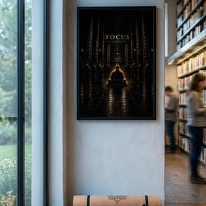 Op de afbeelding: Een ingelijste kunstdruk met een donkere, sfeervolle scène van een persoon die mediteert in een tempel met het woord FOCUS in het midden bovenaan. Onder de print liggen een opgerolde kurken yogamat, een koperen klankschaal en drie boeken.