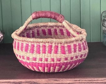 Handwoven Ghana Bolga Basket red Natural African Market Basket Leather Handle Boho Storage Decor
