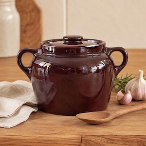 May include: A dark brown glazed ceramic pot with a matching lid and two side handles. The pot has a rounded body and a smooth, reflective surface. It is a kitchen vessel designed for holding or serving food items in a home cooking environment.