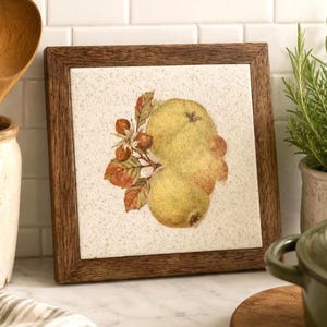May include: A square ceramic tile framed in dark brown wood featuring a botanical illustration of two yellow quince fruits with green and brown leaves and small stems centered on a speckled off-white background with a textured surface finish.