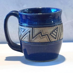 Signed Chapman 2002 Handmade Studio Pottery Mug | Cobalt Blue Stoneware Coffee Cup | Geometric Carved Artisan Ceramic Mug