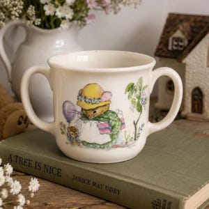 Vintage Royal Kent Bone China Double Handle Children's Mug | Staffordshire England Nursery Mouse Loving Cup | Baby Gift Collectible