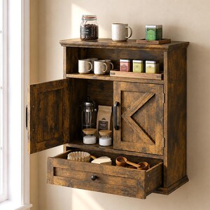 Rustic Wooden Bathroom Wall Cabinet| Farmhouse Barn Door Medicine Cabinet| Wall Mounted Storage Unit