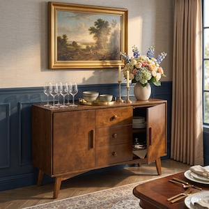 Mid Century Walnut Sideboard, Solid Wood Storage Cabinet| Media Console Credenza, Entryway Console Table