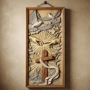 Puede incluir: Una placa de pared rectangular de madera con una talla en relieve detallada. El diseño muestra dos manos extendiéndose una hacia la otra, dos palomas volando y una cruz de madera central cubierta con una tela fluida sobre un fondo de rayos.