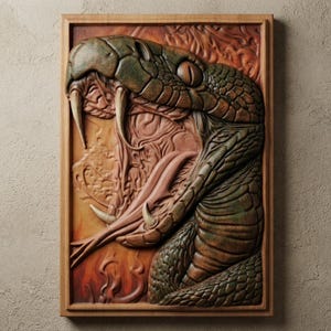 May include: A rectangular wooden wall carving featuring a detailed relief of a snake with its mouth wide open, revealing sharp fangs and a forked tongue. The snake is rendered in shades of green and brown, set against a warm, fiery orange background.