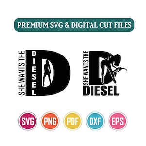 Può includere: Due grafiche nere con la lettera D e il testo SHE WANTS THE DIESEL. Un design mostra la sagoma di una persona all'interno della lettera D, mentre l'altro mostra una sagoma che tiene in mano una pistola per il rifornimento di carburante.