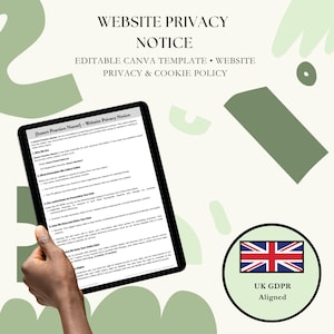 May include: A digital tablet displaying a Website Privacy Notice template with black text on a white background. The document includes sections for practice name, data collection, and GDPR compliance. A circular badge shows the UK flag and text.