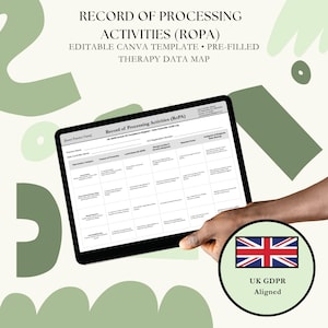 UK RoPA Template Record of Processing Activities | GDPR Data Mapping Form | BACP Aligned Therapist Compliance Canva