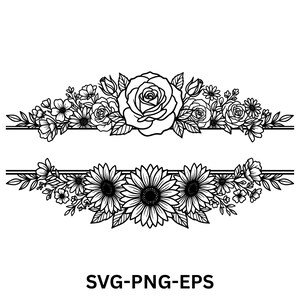 Può includere: Un'illustrazione digitale in bianco e nero che presenta due composizioni floreali orizzontali separate da uno spazio vuoto. La sezione superiore mostra rose e piccoli fiori, mentre la sezione inferiore presenta girasoli e fogliame. Il testo recita SVG-PNG-EPS.