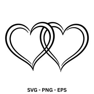 May include: A black line art graphic featuring two interlocking hearts. The design consists of two open heart outlines that overlap in the center, creating a continuous shape. Below the graphic, the text reads SVG - PNG - EPS in black.