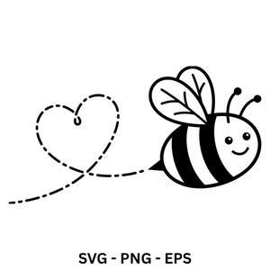 May include: A black and white graphic illustration of a smiling bee with striped body and wings, trailing a dashed line that forms a heart shape. Below the graphic, the text reads SVG - PNG - EPS in a simple, bold, black sans-serif font.
