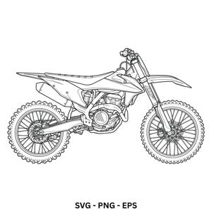 May include: A black and white line art illustration of a motocross motorcycle shown from the side profile. The drawing features detailed spoked wheels, a knobby tire tread, a high-mounted exhaust pipe, a fuel tank, and a seat. Text reads SVG - PNG - EPS.