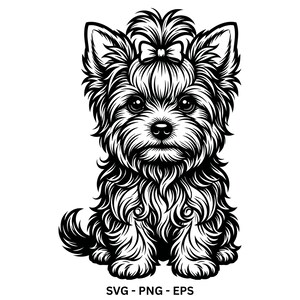 Peut inclure: Une illustration graphique en noir et blanc d'un Yorkshire Terrier avec des poils longs et texturés, des oreilles pointues et un petit nœud attaché dans les poils sur le dessus de la tête. Le chien est assis face à l'avant avec une queue visible.