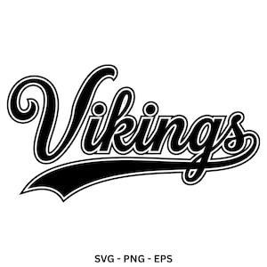 Peut inclure: Un graphisme en noir et blanc représentant le mot Vikings dans une police cursive stylisée. Le texte comprend un contour noir épais et une fioriture soulignée qui s'étend de la lettre s vers la gauche du mot.