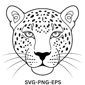 May include: A black and white line art illustration of a leopard head featuring a spotted pattern, pointed ears, and long whiskers. The text SVG-PNG-EPS is printed in black at the bottom of the graphic design, which is centered on a white background.