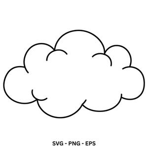 Può includere: Un'illustrazione in bianco e nero a tratto di una nuvola dalla forma arrotondata e gonfia. Il design presenta un contorno nero continuo su sfondo bianco. Sotto la nuvola, il testo SVG - PNG - EPS è stampato in un semplice carattere nero.
