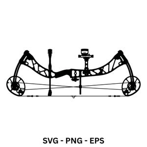 May include: A black silhouette of a compound bow featuring a riser with cutouts, two cams, a sight, and a stabilizer. The text SVG - PNG - EPS is displayed at the bottom of the image, indicating the available file formats for this graphic design.