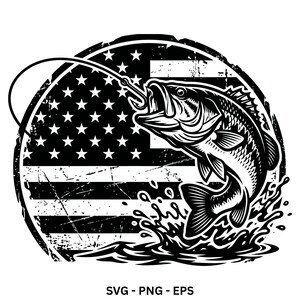 May include: A black and white circular graphic design featuring a largemouth bass jumping out of water while hooked on a fishing line. The background displays a distressed American flag pattern. The text SVG - PNG - EPS appears at the bottom.