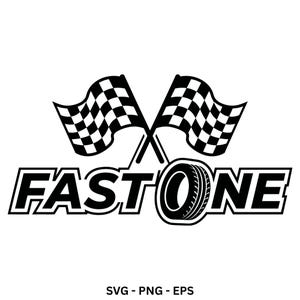 May include: A black and white graphic design featuring two crossed checkered racing flags positioned above the text FAST ONE, where the letter O is replaced by a stylized illustration of a black tire with visible tread patterns.