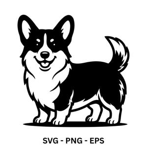 Könnte beinhalten: Eine schwarz-weiße grafische Illustration eines Corgi-Hundes, der im Profil steht und mit einem lächelnden Ausdruck nach vorne blickt. Das Design zeichnet sich durch kräftige Linien und hohen Kontrast aus, mit dem Text SVG - PNG - EPS unten.