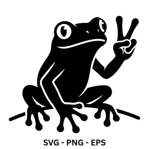 May include: A black and white graphic illustration of a frog sitting on a curved line. The frog is depicted in a solid black silhouette style with large eyes and one front limb raised, displaying a peace sign gesture with two fingers extended.