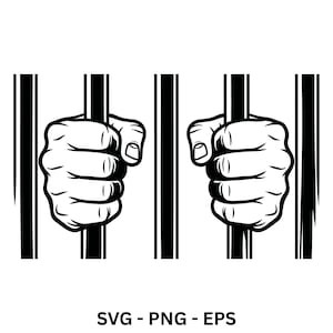 May include: A black and white graphic illustration featuring two clenched fists gripping vertical prison bars. The design uses bold lines and high contrast to depict the hands wrapped around the metal bars, creating a stark visual representation of confinement.