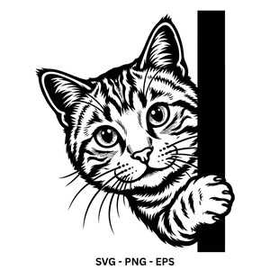 May include: A black and white graphic illustration of a tabby cat peeking from behind a vertical black bar. The cat has detailed facial features, whiskers, and one paw visible, with the text SVG - PNG - EPS printed at the bottom of the image.