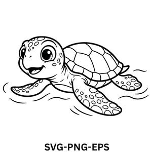 May include: A black and white line art illustration of a sea turtle swimming. The turtle has large eyes, a patterned shell, and spotted flippers. Below the turtle, the text SVG-PNG-EPS is printed in a bold, black, sans-serif font.