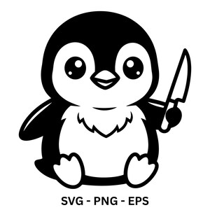 May include: A black and white graphic illustration of a penguin with large eyes holding a small knife in one flipper. The design features clean lines and bold shapes. Below the penguin, the text reads SVG - PNG - EPS in black letters.