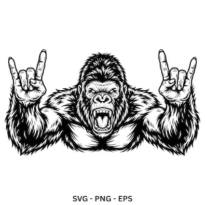 Puede incluir: Una ilustración gráfica en blanco y negro de un gorila con la boca abierta mostrando los dientes, haciendo un gesto de mano de rock and roll con ambas manos. El texto SVG - PNG - EPS está impreso en negro en la parte inferior.