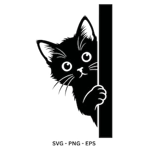 May include: A black and white graphic illustration of a kitten peeking from behind a vertical black bar. The kitten has large eyes, pointed ears, and one paw visible, with the text SVG - PNG - EPS printed in black at the bottom of the image.