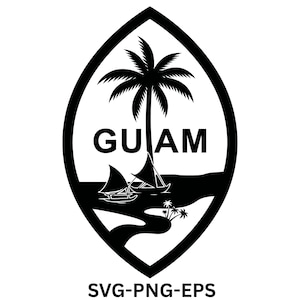 Peut inclure: Un design graphique en noir et blanc représentant le sceau de Guam dans une forme ovale pointue. Le motif montre un palmier, deux pirogues à balancier sur l'eau et le texte GUAM. Sous le sceau, le texte SVG-PNG-EPS est affiché.
