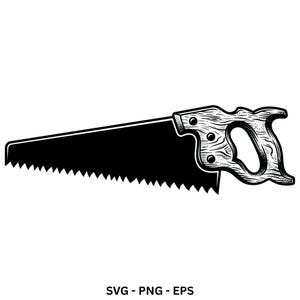 May include: A black and white graphic illustration of a hand saw featuring a solid black blade with a serrated edge and a detailed handle with a wood grain texture. The text SVG - PNG - EPS is positioned below the saw illustration.