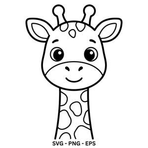 Puede incluir: Una ilustración de arte lineal en blanco y negro de la cabeza y el cuello de una jirafa con ojos grandes, dos osiconos y un patrón de manchas. El texto SVG - PNG - EPS está impreso en la parte inferior del diseño gráfico sobre fondo blanco.