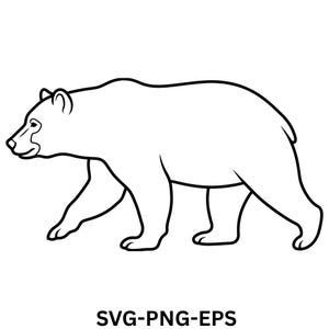 以下が含まれることがあります： 左を向いて歩くクマの黒と白の線画イラスト。クマは最小限の内部ディテールを持つシンプルな輪郭で描かれています。クマの下には、太字の黒いサンセリフフォントでSVG-PNG-EPSというテキストが印刷されています。