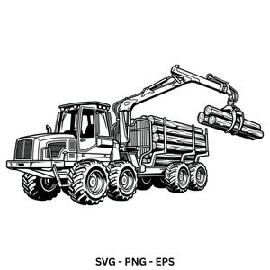 Pode incluir: Uma ilustração de arte linear a preto e branco de um veículo florestal forwarder. A máquina pesada possui pneus grandes com rasto, uma cabina e um braço de grua hidráulico que segura um feixe de troncos, com troncos adicionais na traseira.