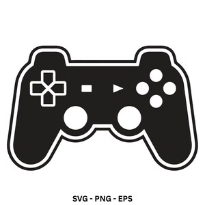 Può includere: Un'illustrazione grafica in bianco e nero di un controller per videogiochi con un pad direzionale, due joystick circolari, quattro pulsanti di azione e due pulsanti di menu centrali. Il testo SVG - PNG - EPS è visualizzato in basso.