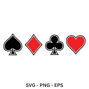 Op de afbeelding: Een grafische illustratie van vier speelkaartsymbolen op een rij. De zwarte schoppen en zwarte klaveren staan aan de buitenkant, terwijl de rode ruiten en rode harten in het midden staan. De tekst SVG - PNG - EPS staat onderaan.