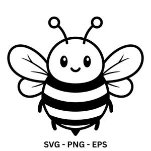 Può includere: Un'illustrazione in bianco e nero al tratto di un'ape dei cartoni animati con due antenne, grandi occhi ovali, una bocca sorridente, corpo a strisce e quattro ali. Il testo SVG - PNG - EPS è stampato in nero nella parte inferiore del design.