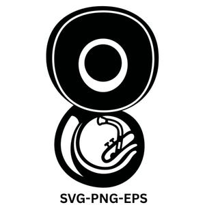 Op de afbeelding: Een zwart-witte grafische illustratie van een sousafoon. Het ontwerp toont de grote ronde beker aan de bovenkant en de opgerolde buis met ventielen aan de onderkant. De tekst SVG-PNG-EPS staat onderaan de afbeelding.