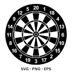 May include: A circular dartboard graphic featuring a high-contrast black and white pattern with alternating segments. The outer ring displays numbers from 1 to 20 in a standard layout. The text SVG - PNG - EPS is printed below the dartboard.