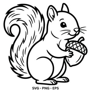 Op de afbeelding: Een zwart-witte lijntekening van een eekhoorn die een eikel vasthoudt. De eekhoorn heeft een grote, pluizige staart en kijkt naar rechts. De tekst SVG - PNG - EPS staat in het zwart onderaan de afbeelding, gecentreerd onder de eekhoorn.