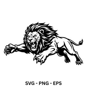 May include: A black and white graphic illustration of a lion in a dynamic pouncing pose with its mouth open, baring its teeth and claws extended. The design features bold lines and high contrast, capturing the lion in a mid-leap motion.