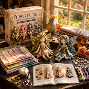 Può includere: Un kit fai-da-te Flower Fairies Patchwork Fairy, due bambole fata in tessuto con ali, una pila di quadrati di tessuto a motivi floreali, un libro di istruzioni, piccole forbici in metallo, filo da ricamo e minuscoli fiori in tessuto.