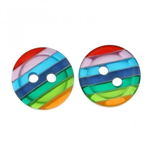 Buttons In Striped Multi Colors - 12mm - 2 Hole - Rainbow Buttons - Small Assorted Acrylic Buttons (903)