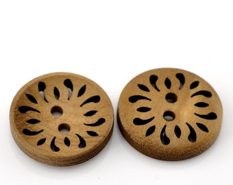 Brown Coffee Carved Wooden Buttons - 23mm (Approx. 1 inch) - 2 Hole - Brown Wood Button (B21510)