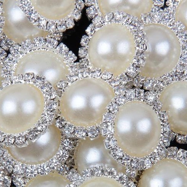 20 Elfenbein weiße Perlen Strass Cabochon Knopf - Silber - 18mm Metallknopf - Perlen Strass Knöpfe - Haarschleife Mitten (PWRB-S020-07)