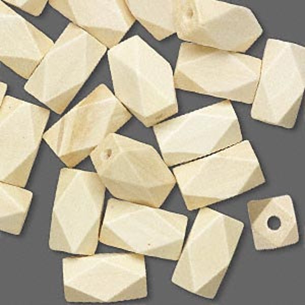 10 Wood Beads in White - Cream - Faceted Tube - 22mm x 13mm