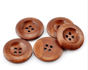 10 Brown Wooden Buttons - 25mm (1 inch) - 4 Holes -  Round Sewing Wood Buttons 25mm (1")  (21317)